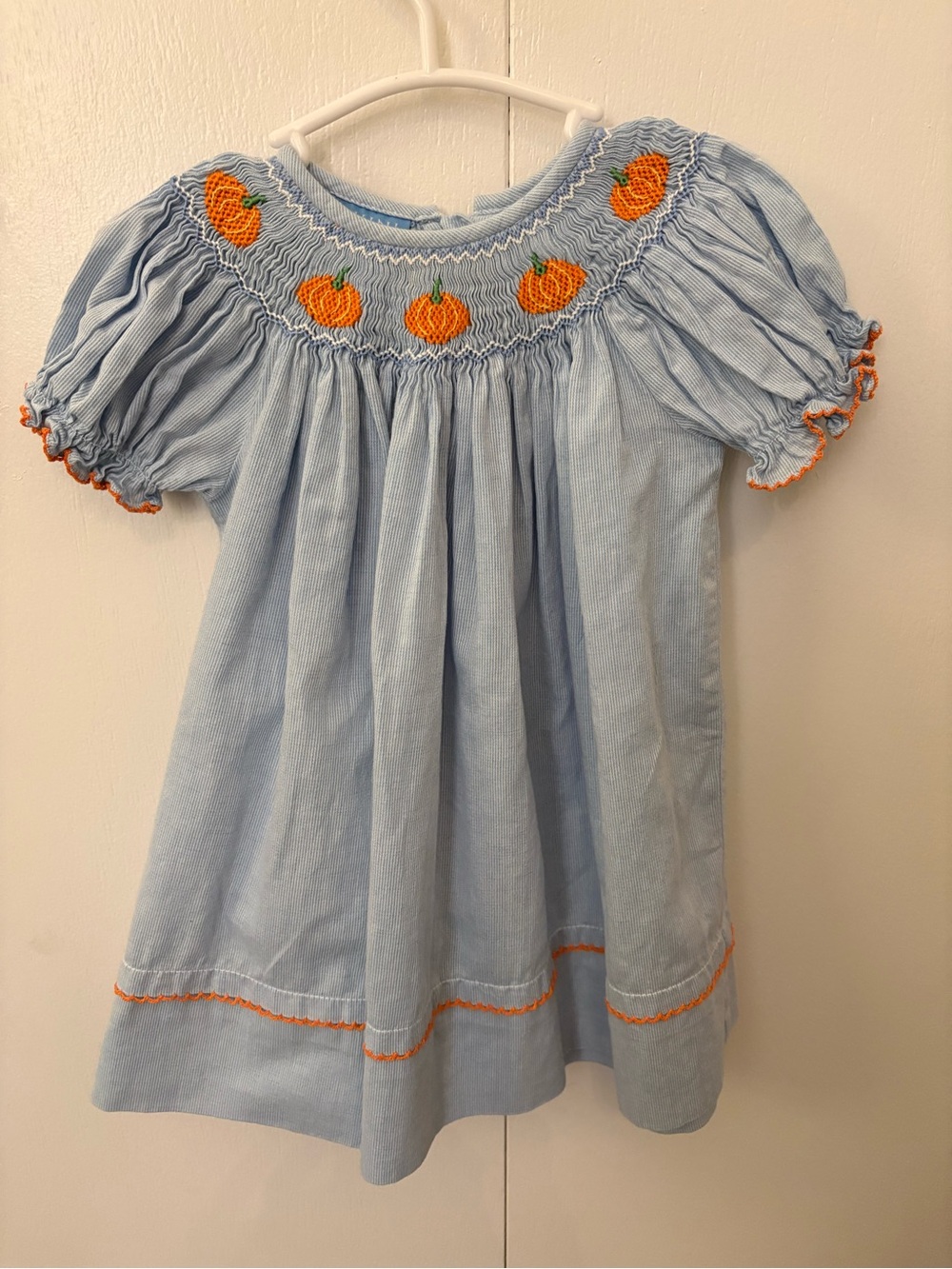 Anavini Light Blue Smocked Baby Dress with Orange Embroidery